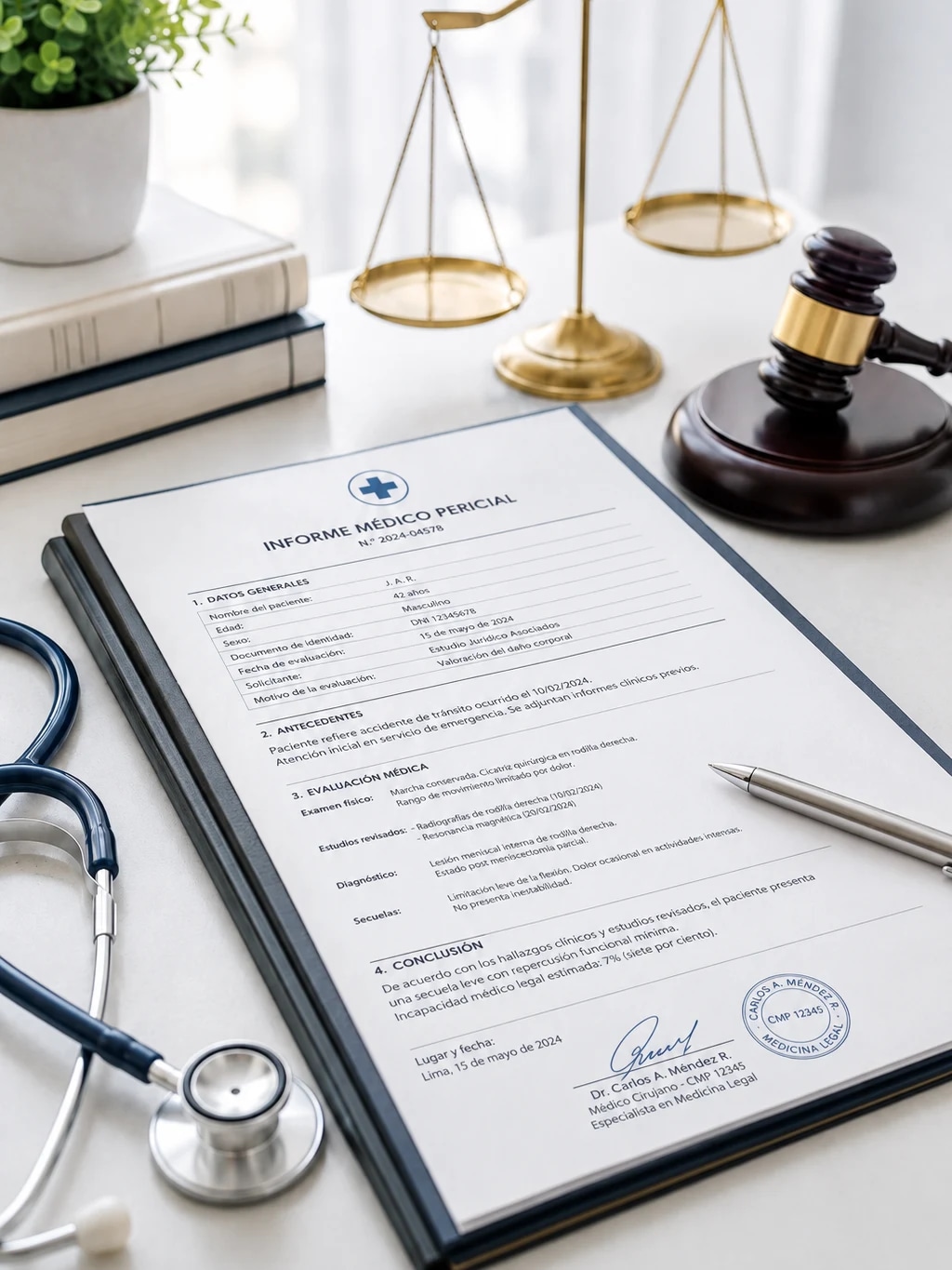 Informe médico pericial firmado sobre un escritorio